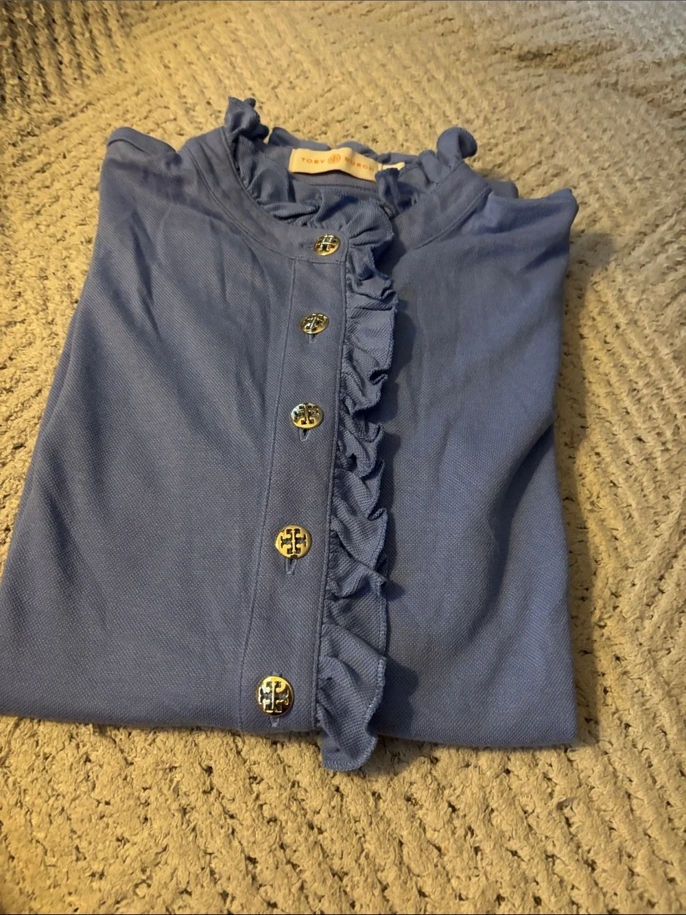 Tory Burch Periwinkle Blue Ruffled Polo with Gold-Tone Logo Button